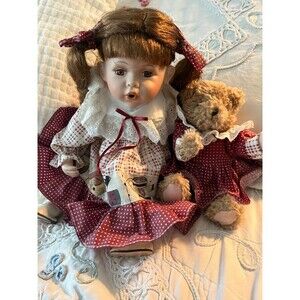 Vintage Tender Hearted Collectibles Country Farmhouse Porcelain Doll with Bear